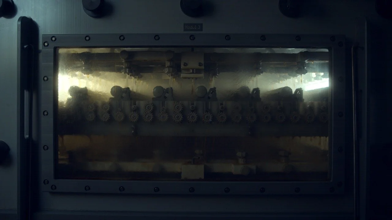 A machine with gears and mechanical parts visible through a glass window, possibly used for industrial or scientific purposes.