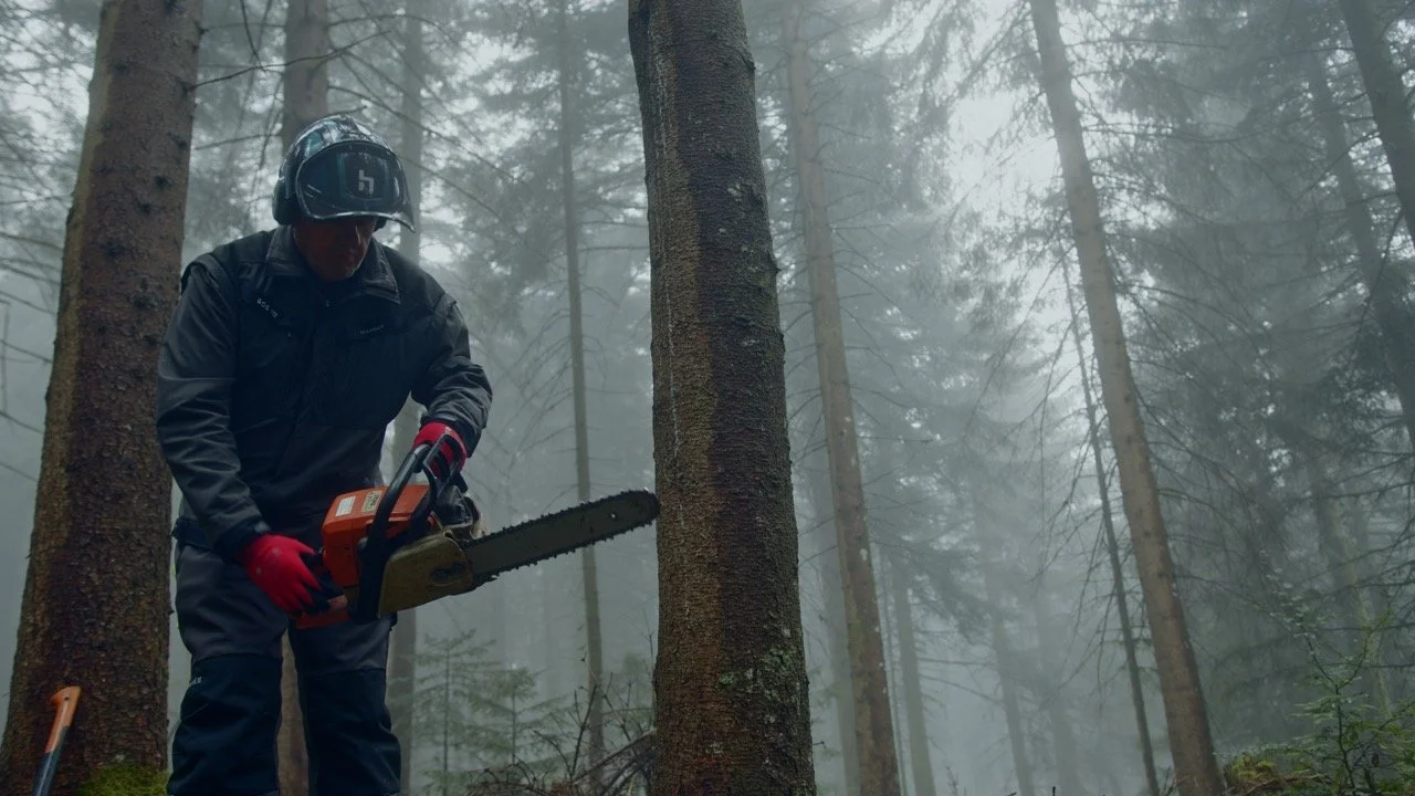 A man in a black jacket and helmet uses a chainsaw to cut a tree in a foggy forest.