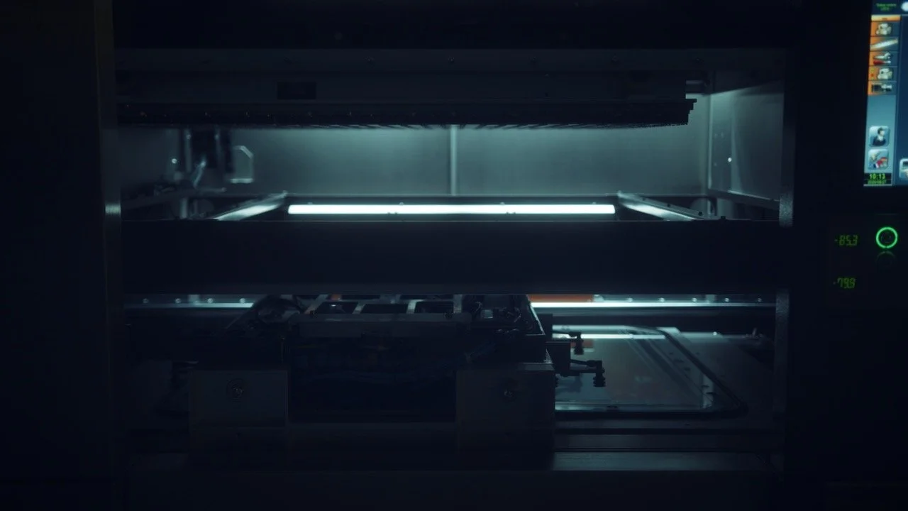 A laboratory or industrial machine with a transparent door, illuminated from inside, showing various mechanical and electronic components.