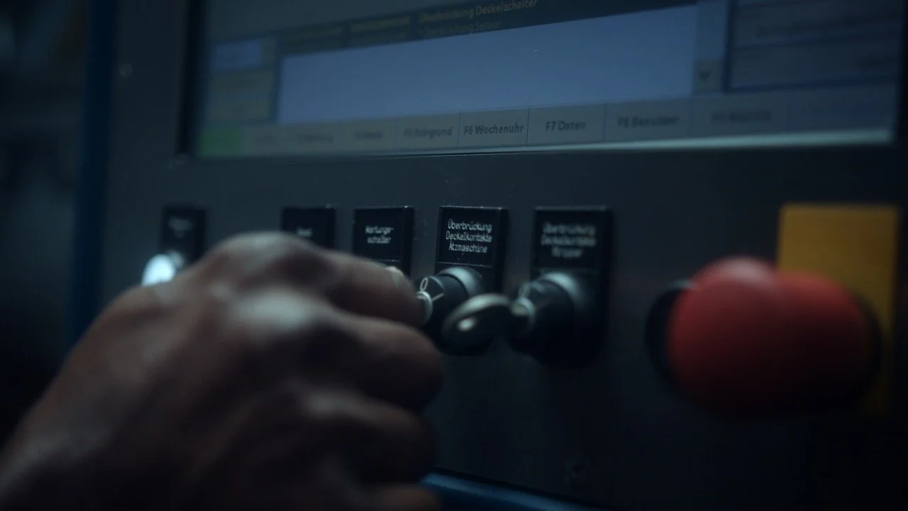 Close-up of a person's hand adjusting control knobs on a machine or panel, with a digital screen above showing various menu options.