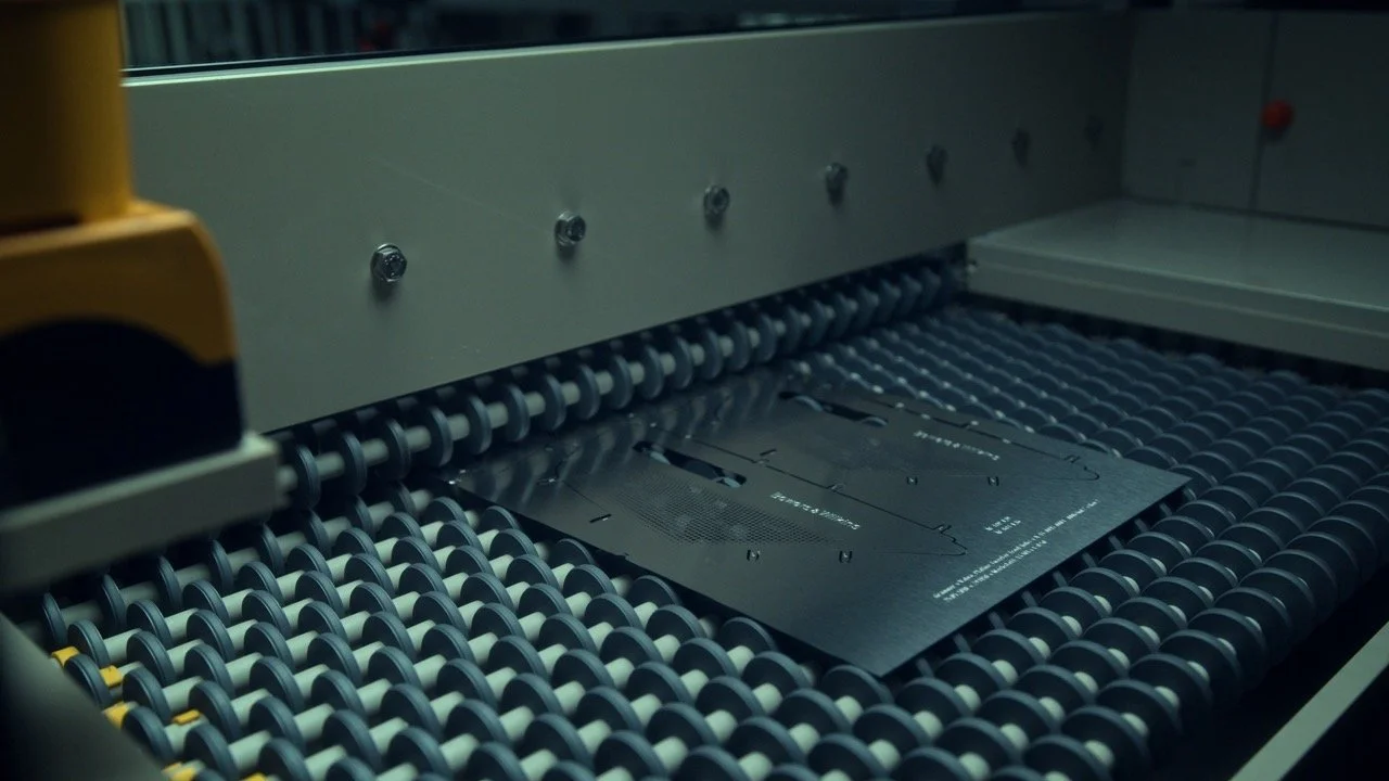 Industrial machinery with a metal plate and conveyor rollers.