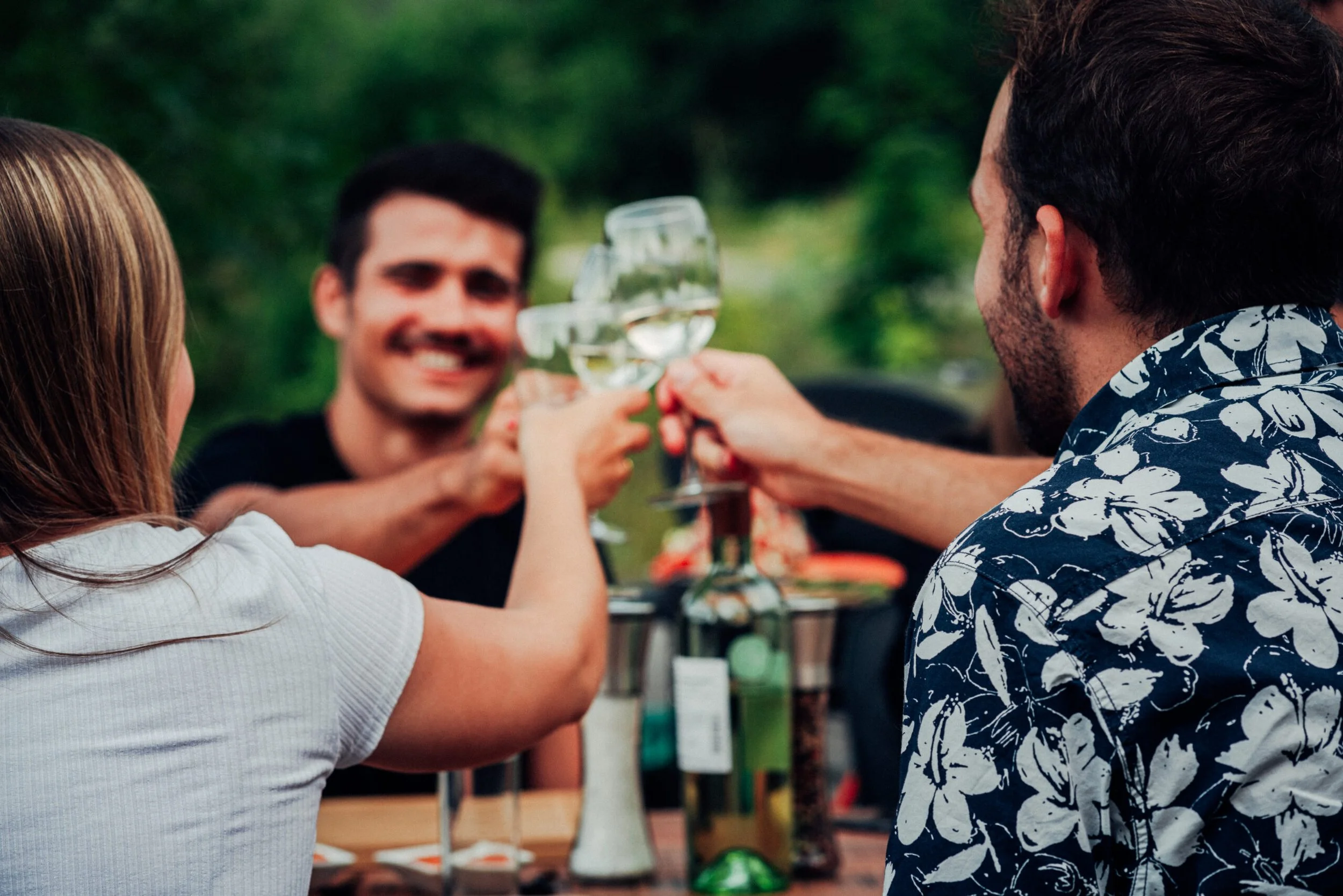 Three friends toasting with wine glasses outdoors during daytime. The focus is on their hands and glasses, with a blurred green natural background.