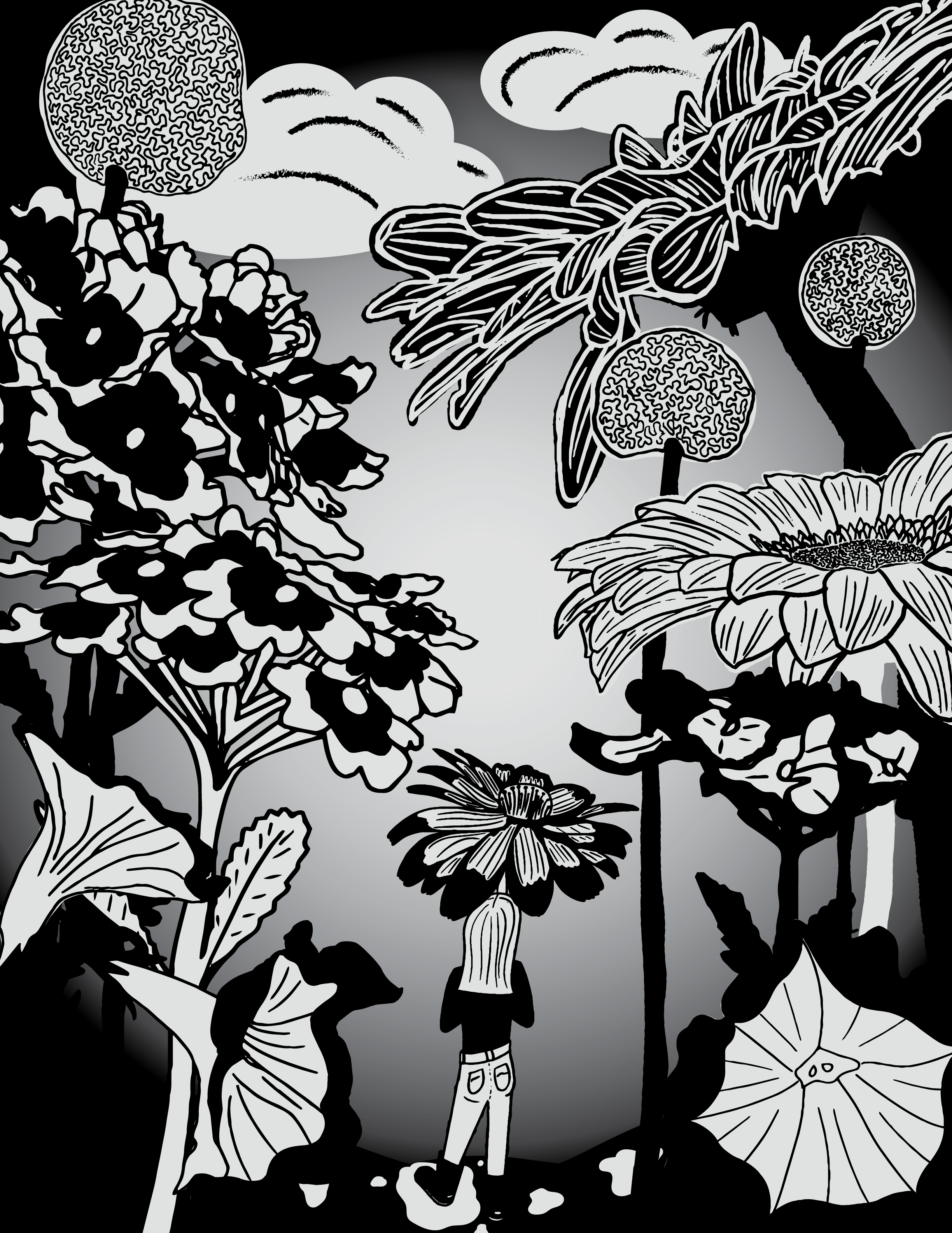 Girl in a Flower Forest Black and White