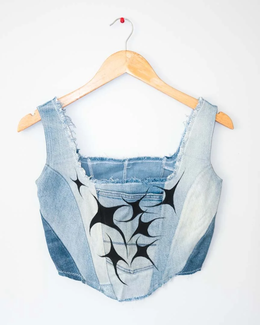Unique, Hand-painted, Handmade, Upcycled Denim Deconstructed Patchwork Corset Top with Chrome Star Details Sustainable Slow Fashion by Evnestdesign Handcrafted in New Zealand