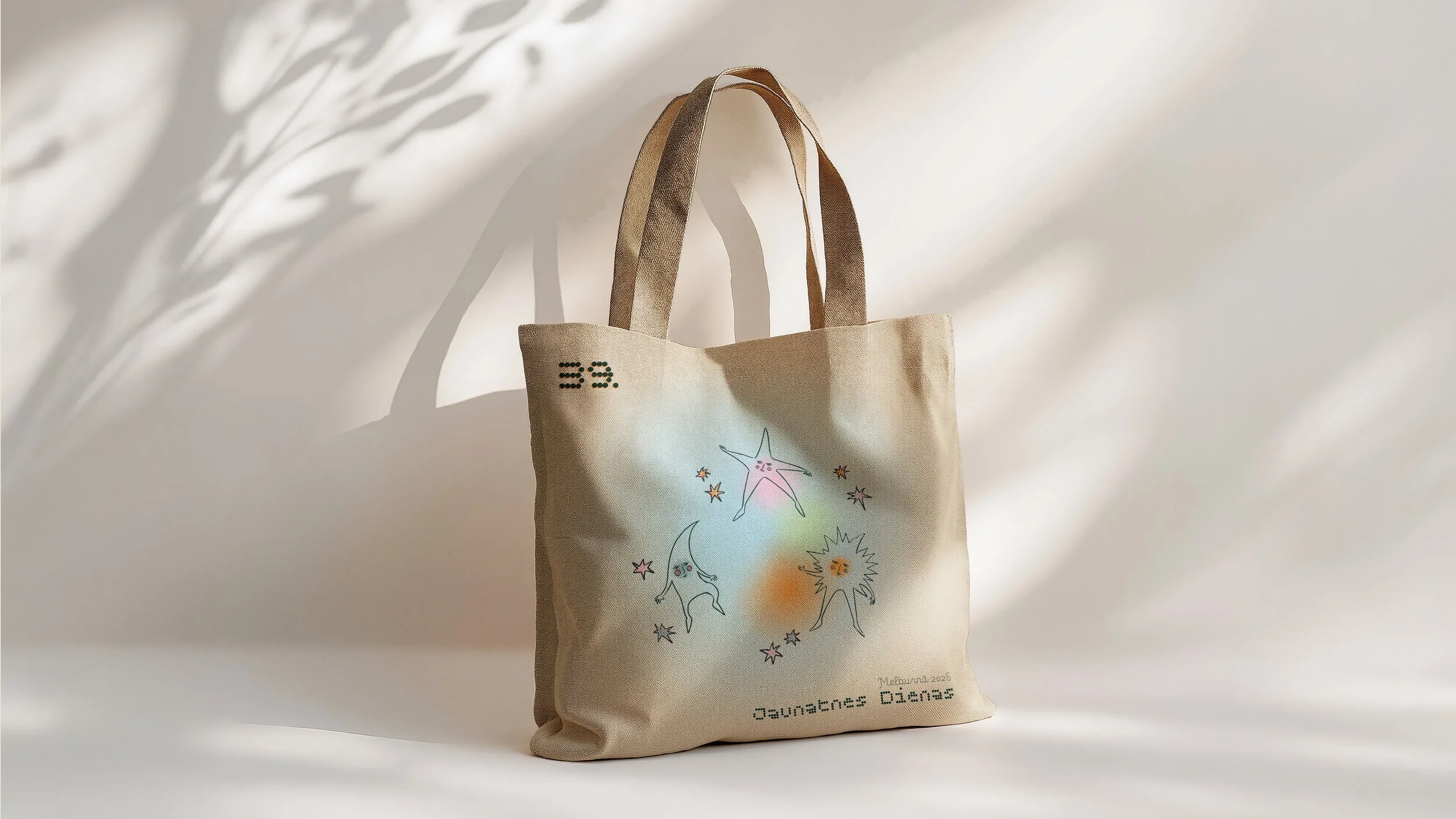 Beige tote bag with colorful starfish and sun illustrations, and some text, placed against a white surface with shadows cast by a nearby object.