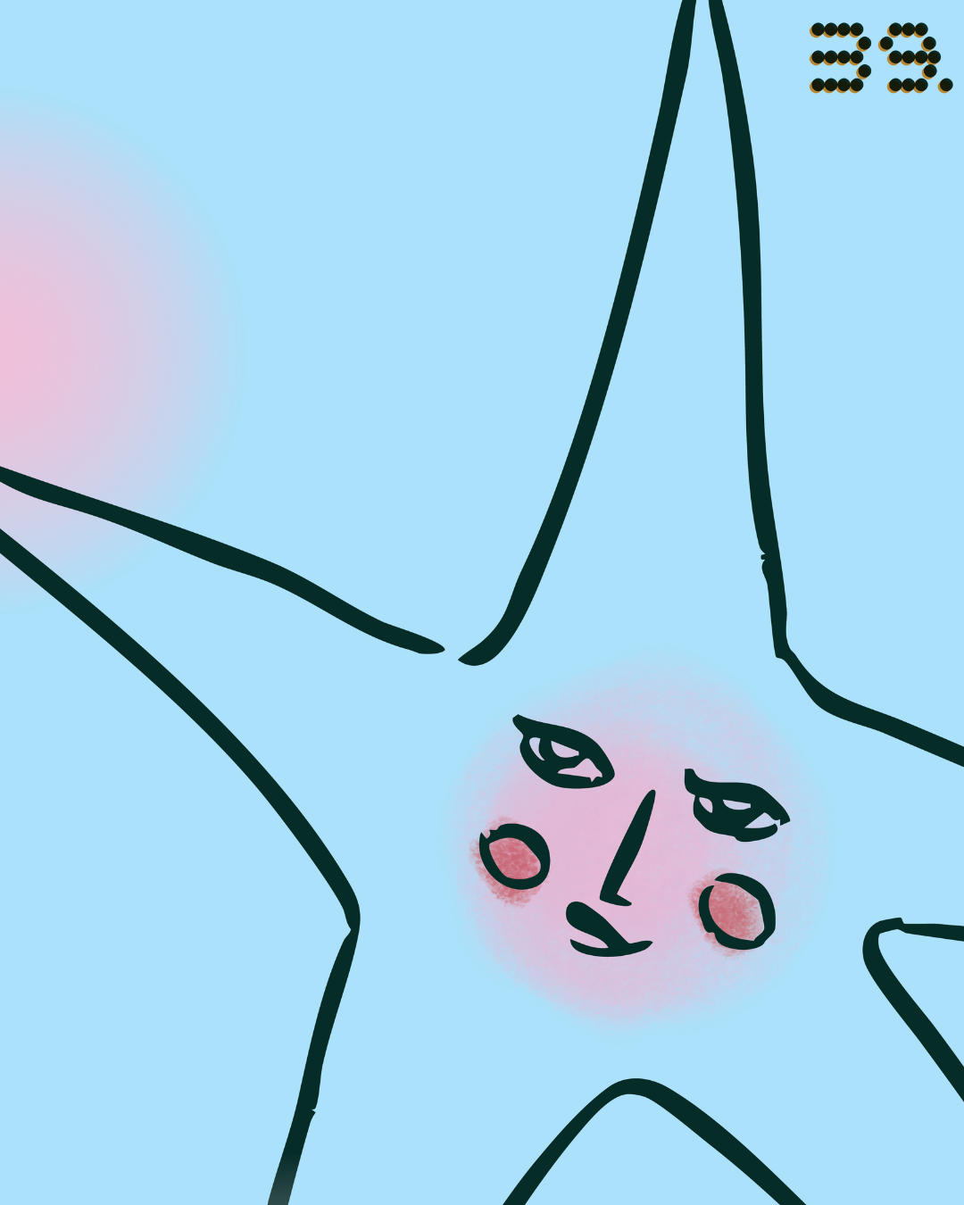Abstract illustration of a star with a face, closed eyes, pink cheeks, on a light blue background.