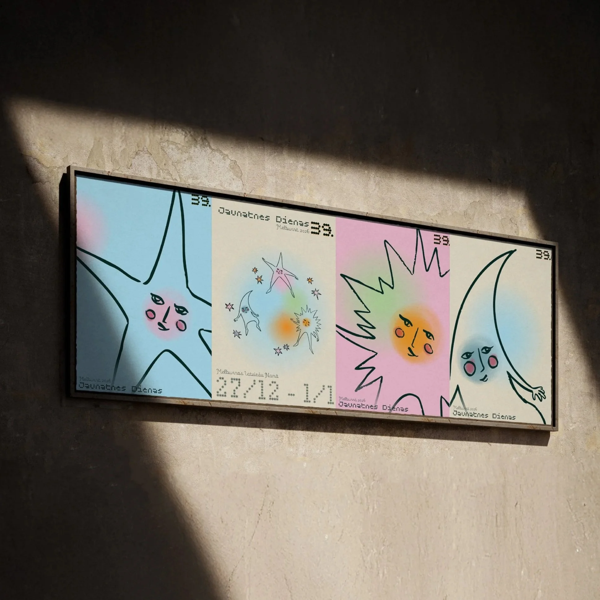 Colorful digital artwork featuring celestial characters with faces: a blue sun, a pink sun, and a light blue moon, each with facial features and blush, set against pastel backgrounds.