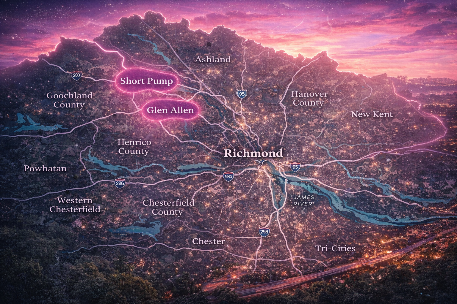 Map of Richmond VA suburbs and surrounding communities