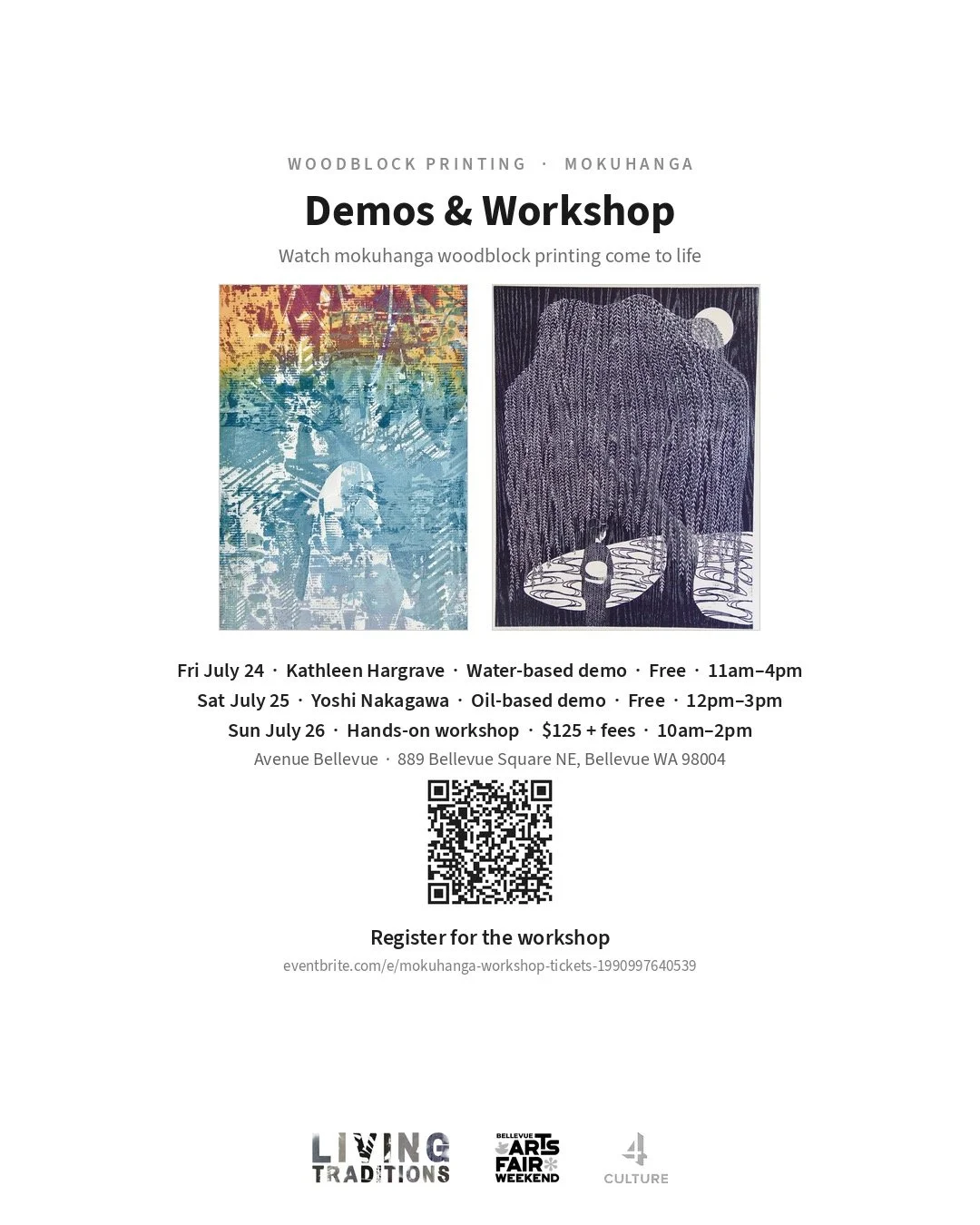 I eagerly anticipate participating with the Bellevue Fair on July 24th and 26th. I will be presenting a Mokuhanga Demonstration on Friday, July 24th, and a hands-on workshop (refer to the signup information in the accompanying images) with @yoshi.nak