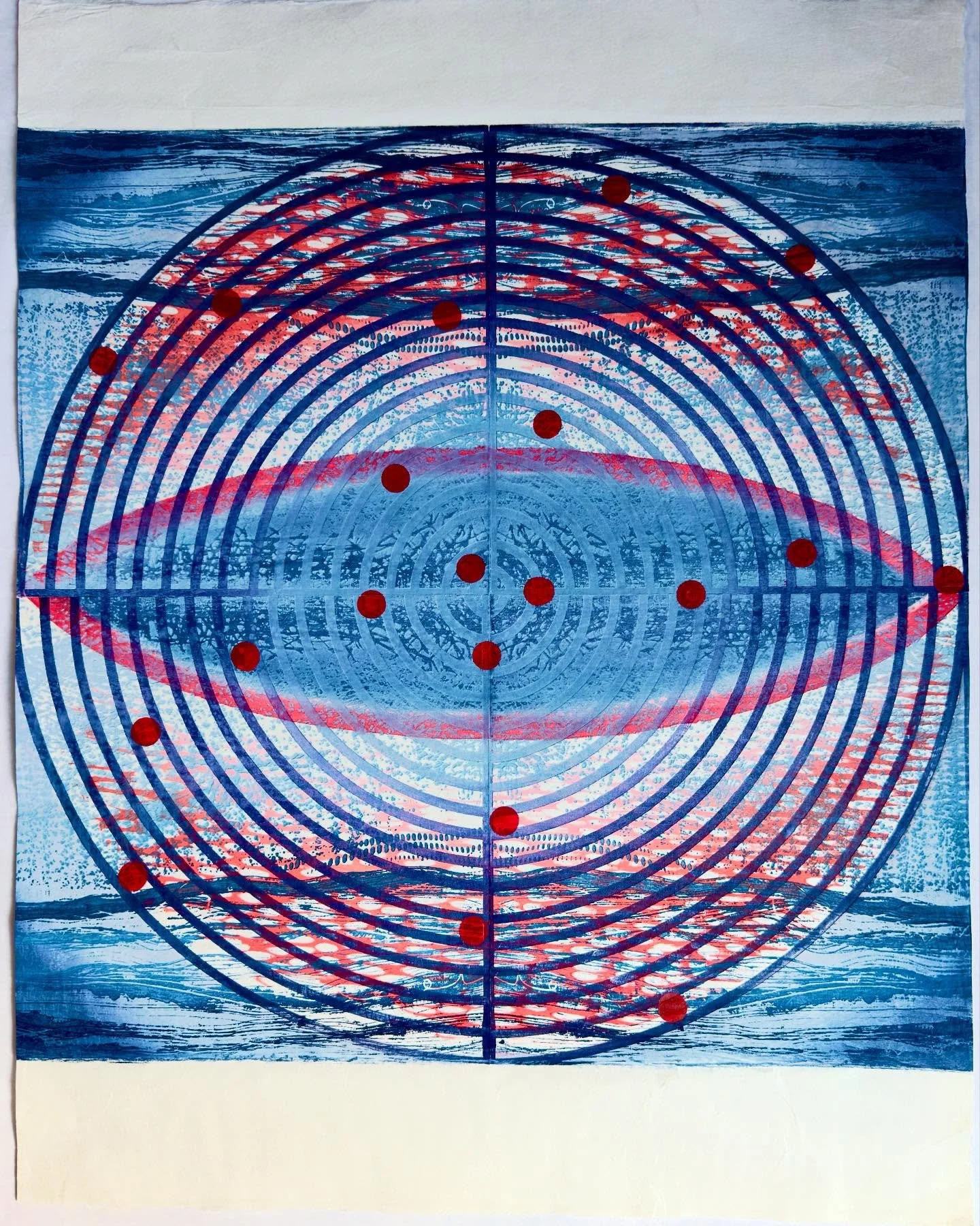 Working on an orbits series. This is Orbits and Velocity. Mokuhanga and Pochoir. Multiple plates and a mix of hand carved and a laser print plate. Almost spring!
