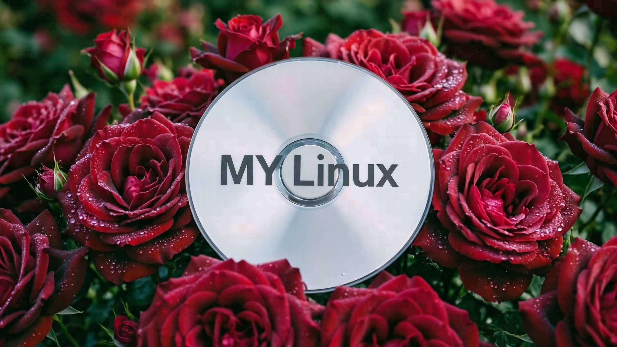 An image of a CD on a bed of roses. DVD is labelled MY Linux