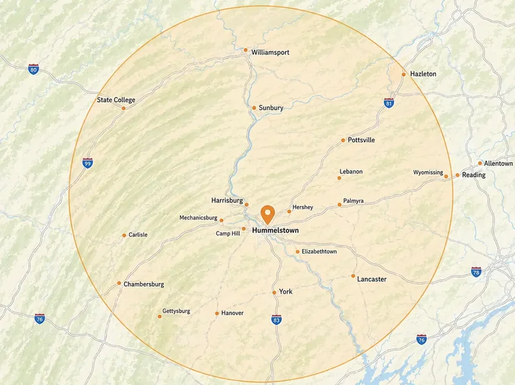 Map showing the approximate 100-mile service area around Hummelstown, Pennsylvania