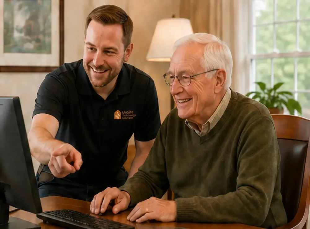 OnSite Tech Solutions technician helping a client at home