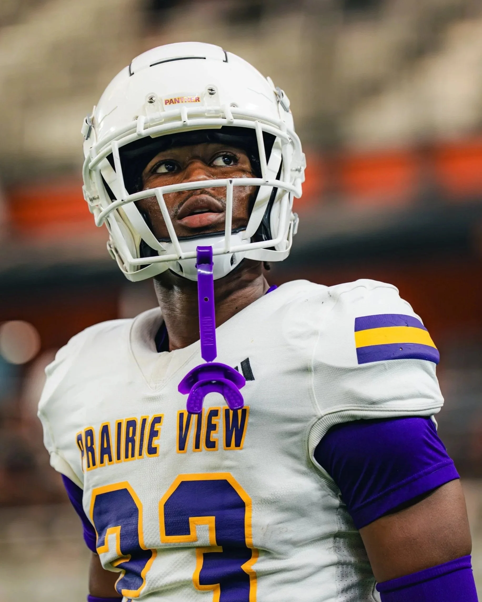A football player wearing a white helmet with a purple face mask, and a white jersey with purple and yellow accents. The jersey has the words 'Prairie View' and the number '33' on it.
