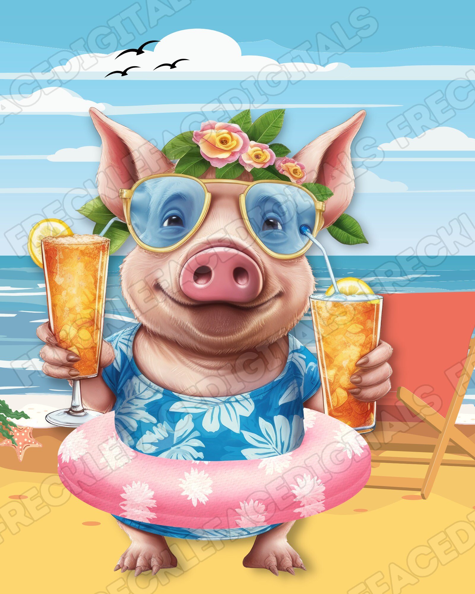 READY TO PRESS / Sublimation Print /Summer Vibes/Pig in a Floaty holding drinks/Funny Summer Pig Design/Pig at the beach/