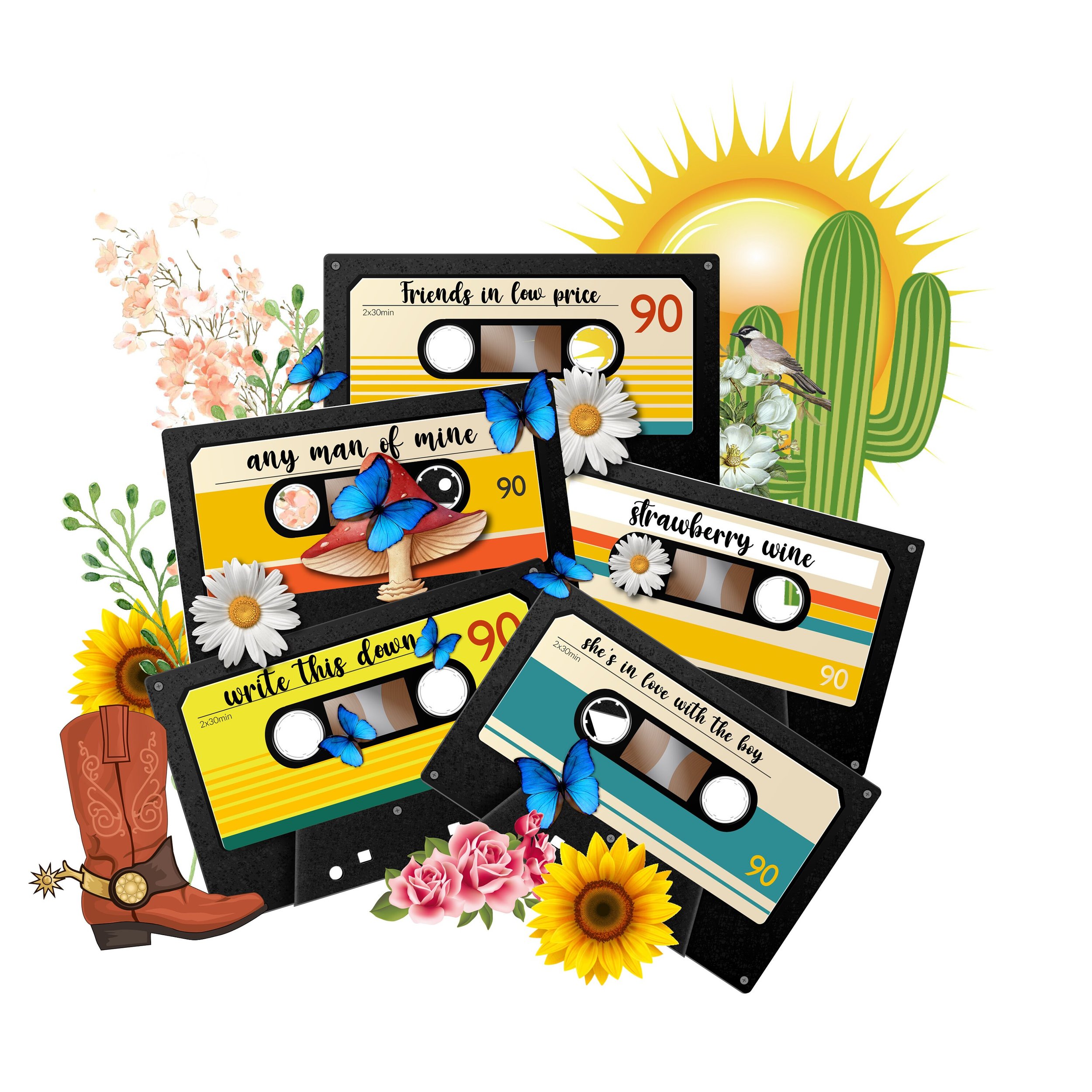 READY TO PRESS / Sublimation Print /Country Western Songs On Cassette Tapes