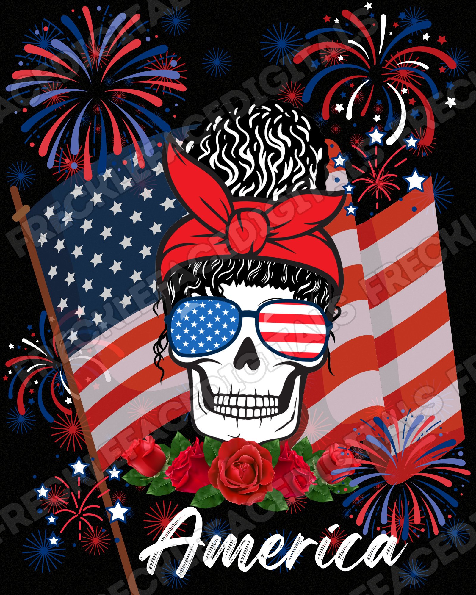 READY TO PRESS / Sublimation Print /American Flag/American Woman Messy Bun/Fireworks/America/Roses/American Skeleton