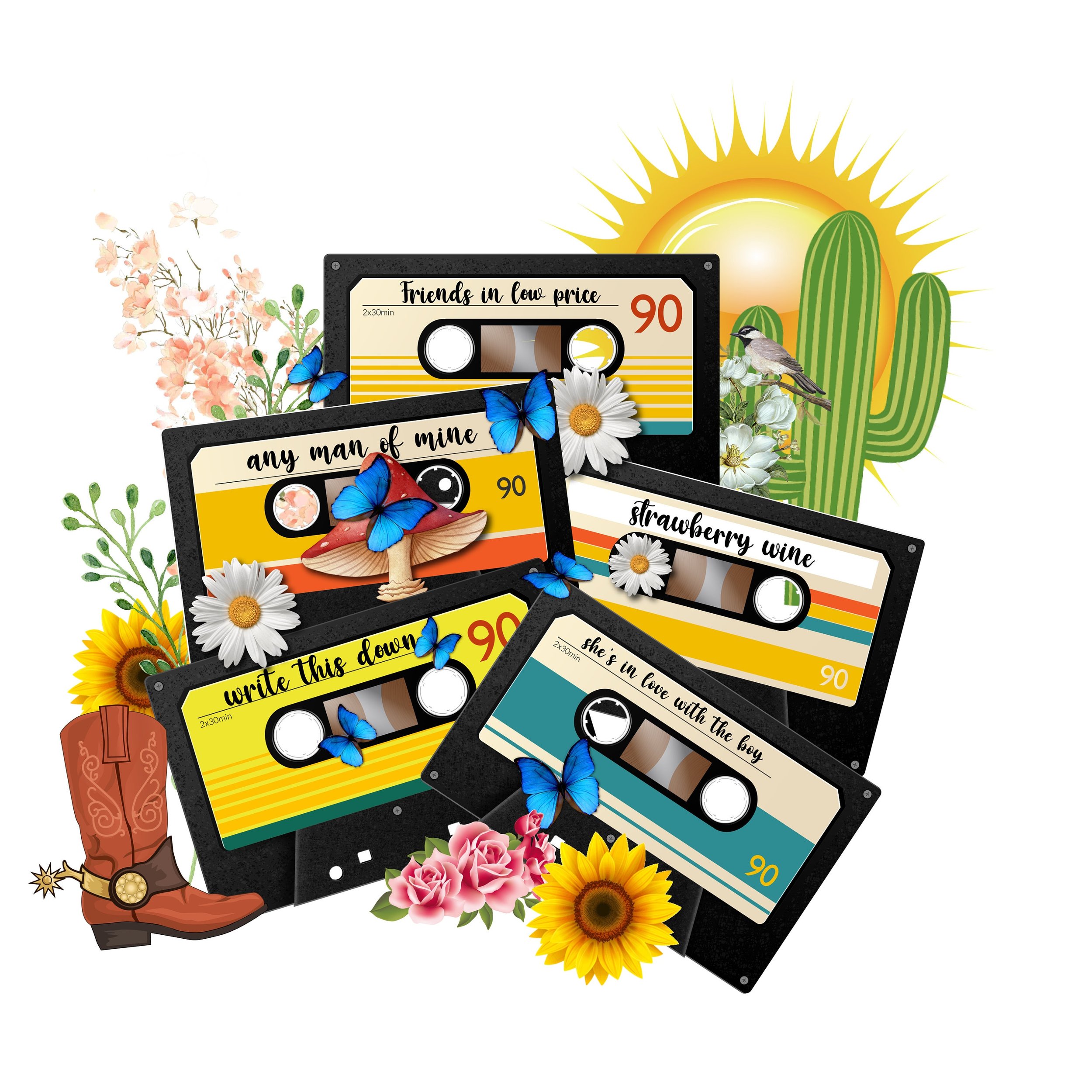 READY TO PRESS / Sublimation Print /Country Western Songs On Cassette Tapes