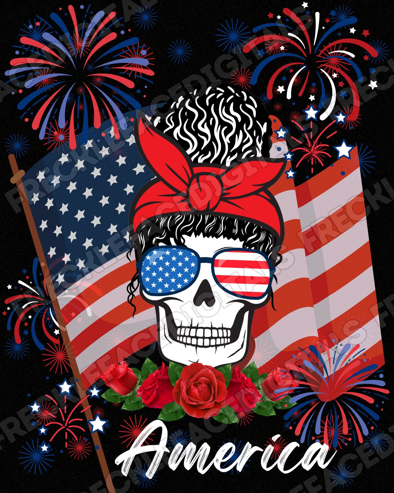 READY TO PRESS / Sublimation Print /American Flag/American Woman Messy Bun/Fireworks/America/Roses/American Skeleton