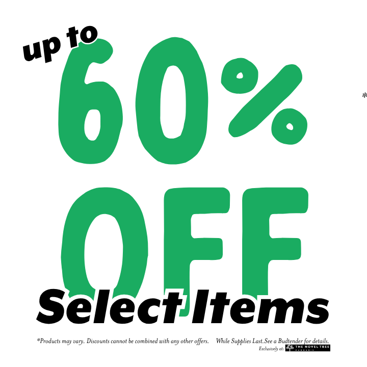 A promotional advertisement offering up to 60% off on select items, with the text styled in large green and black font on a white background.