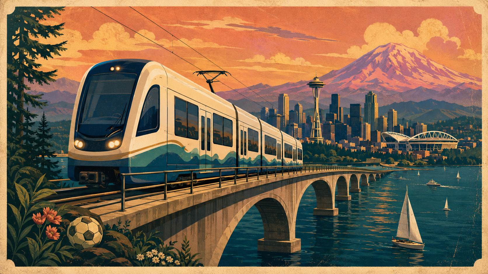 Vintage Pacific Northwest travel poster illustration of a Sound Transit light rail train crossing Lake Washington toward downtown Seattle, with Lumen Field and Mount Rainier visible — Bellevue to FIFA World Cup 2026 transit guide.