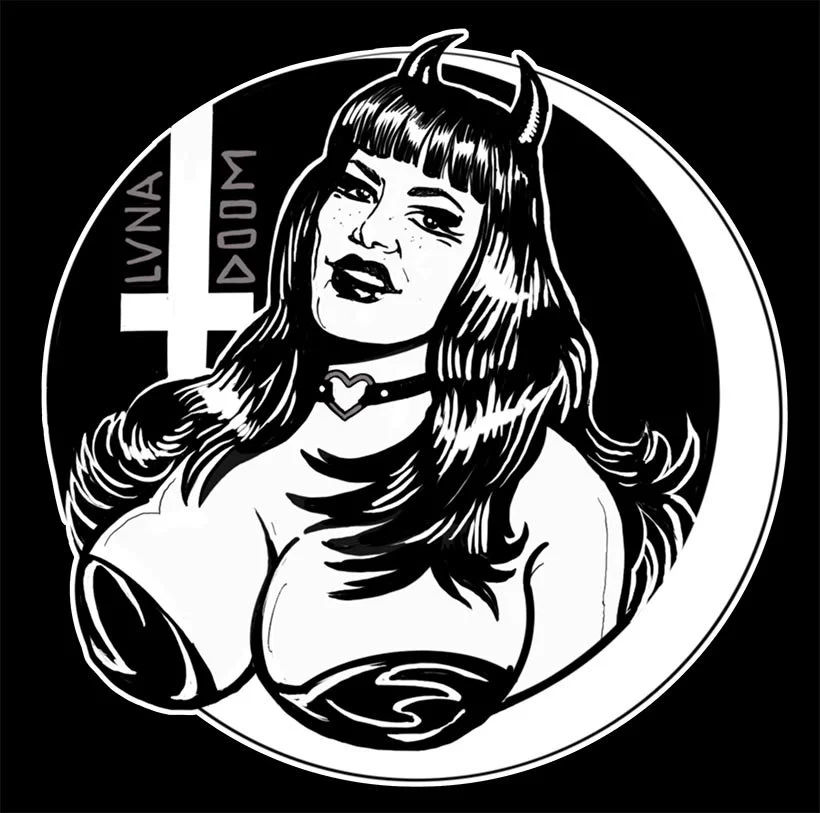 Black and white illustration of a woman with devil horns, long hair, and a choker necklace, with a circular background featuring text and symbols.