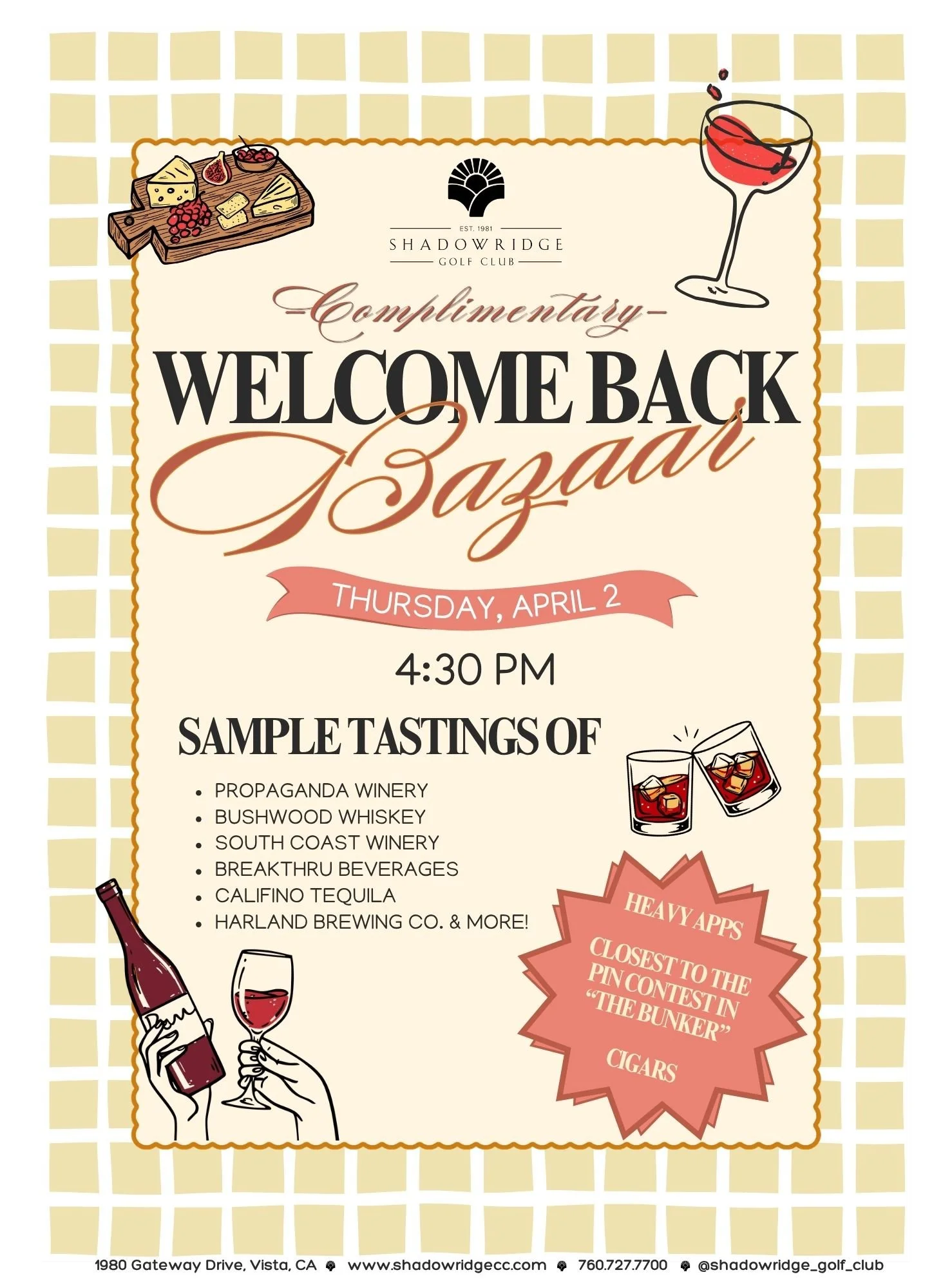 Welcome Back Bazaar
Thursday, April 2nd | 4:30 PM
Shadowridge Golf Club
1980 Gateway Drive, Vista, CA