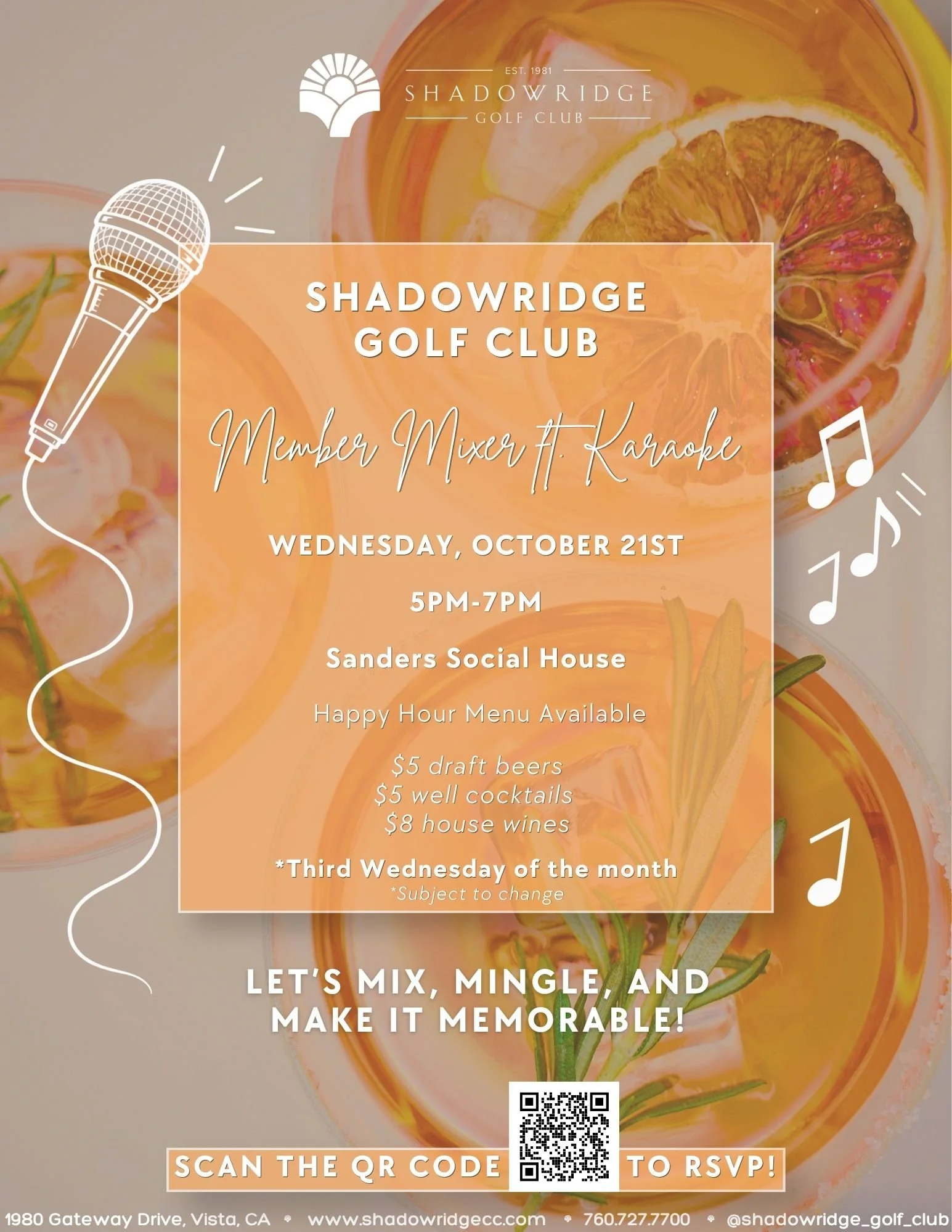 Member Mixer ft. Karaoke
Wednesday, October 21st | 5:00–7:00 PM
Sanders Social House at Shadowridge Golf Club
1980 Gateway Drive, Vista, CA