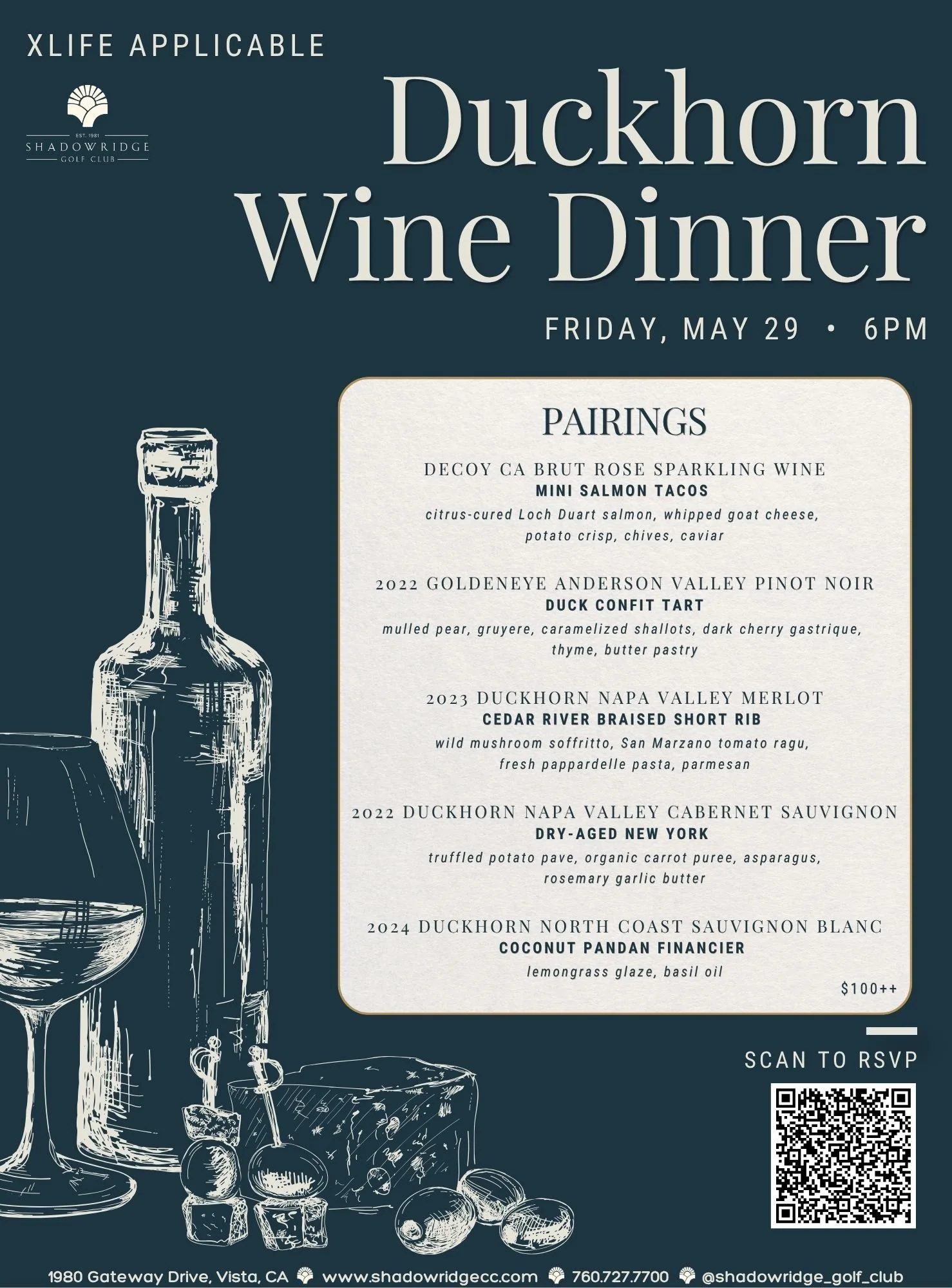 Duckhorn Wine Dinner
Friday, May 29th | 6:00 PM
Shadowridge Golf Club
1980 Gateway Drive, Vista, CA