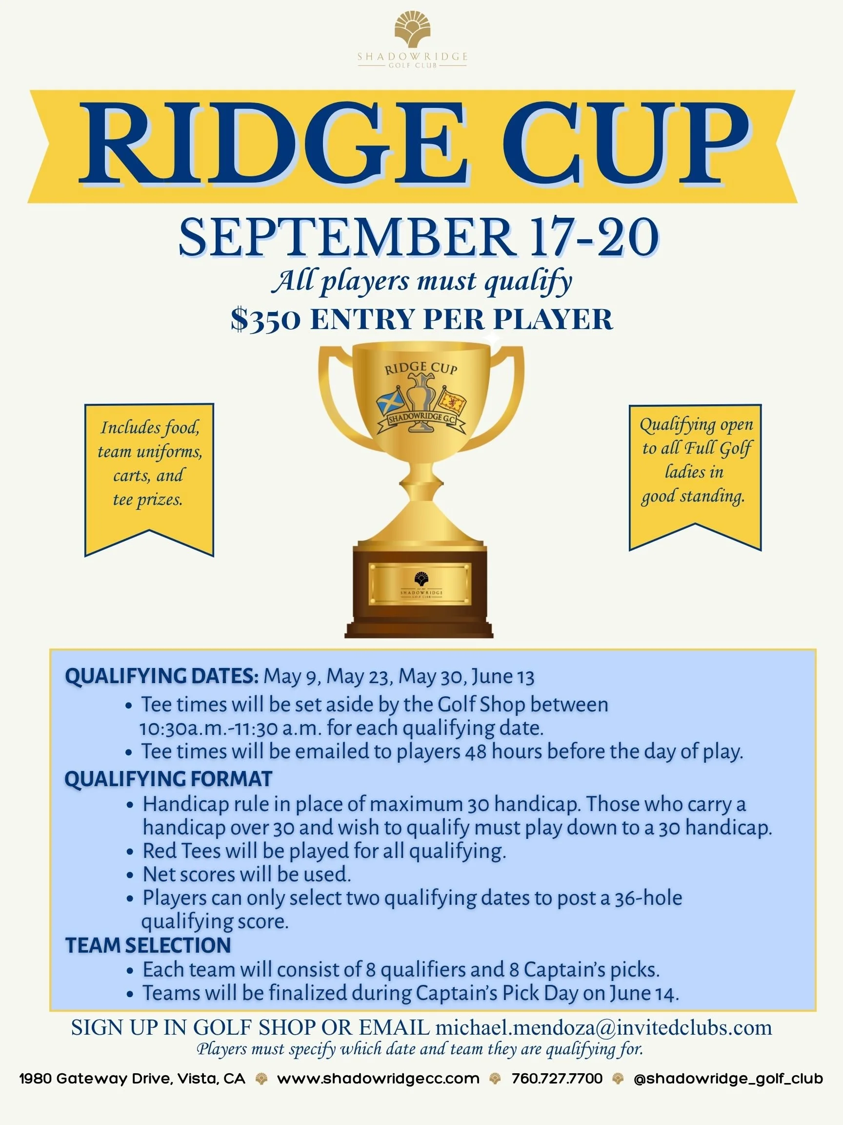 Ridge Cup – Ladies Ryder Cup
September 17th–20th | Tee Times Vary
Shadowridge Golf Club
1980 Gateway Drive, Vista, CA
