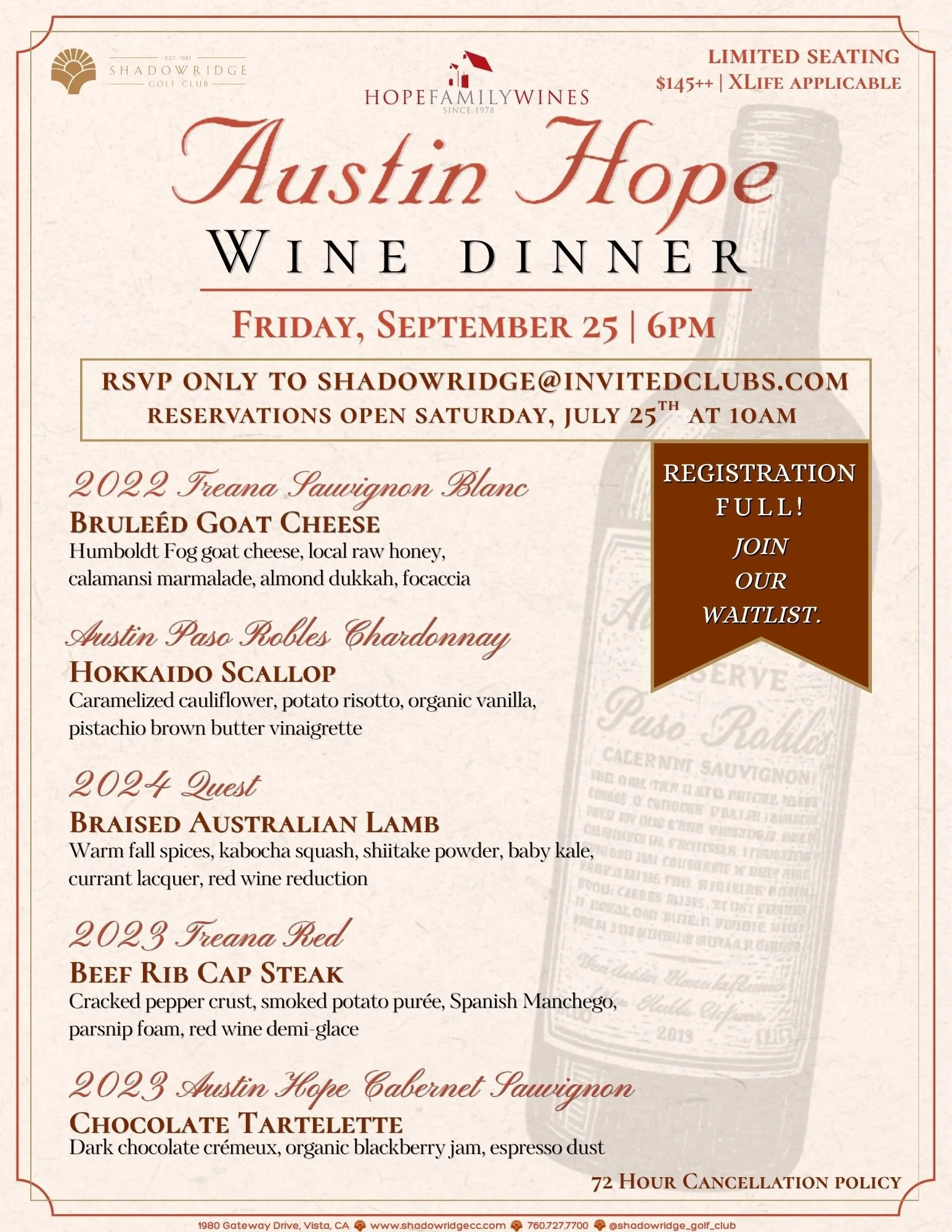 Austin Hope Wine Dinner
Friday, September 25th | 6:00 PM
Shadowridge Golf Club
1980 Gateway Drive, Vista, CA
