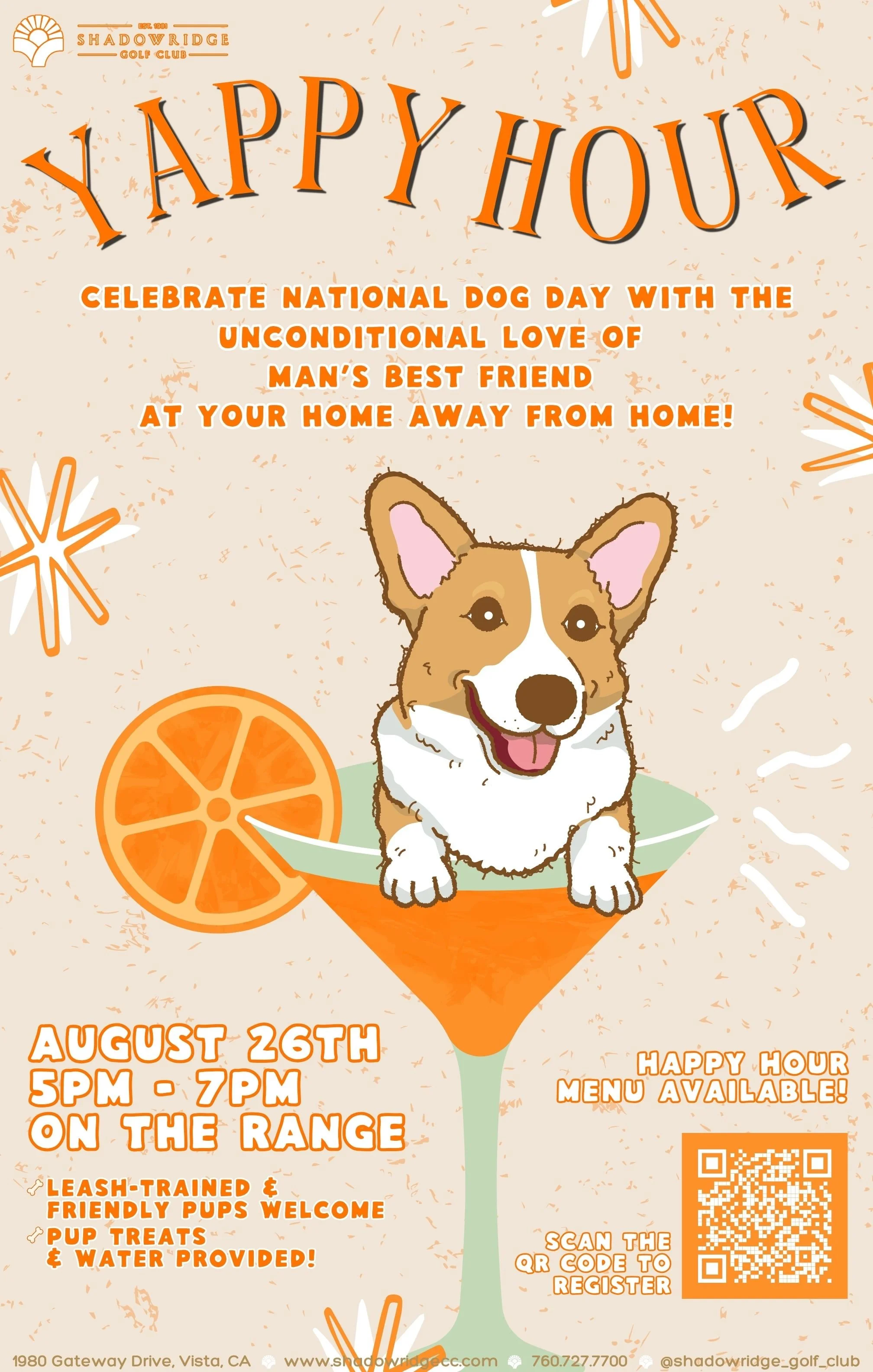 Yappy Hour – National Dog Day
Wednesday, August 26th | 5:00–7:00 PM
The Range at Shadowridge Golf Club
1980 Gateway Drive, Vista, CA