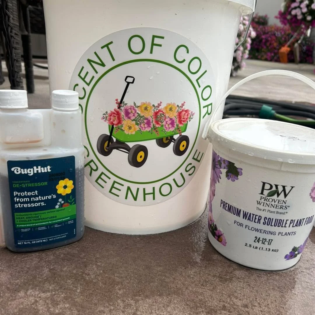 The combo I use every week! In a 5 gallon bucket I put 5 scoop of fertilizer (one scoop per gallon) and 35ML of the Bug Hut De-Stressor mix all together with water. The de-stressor is great especially during our hot times when the flowers are under a