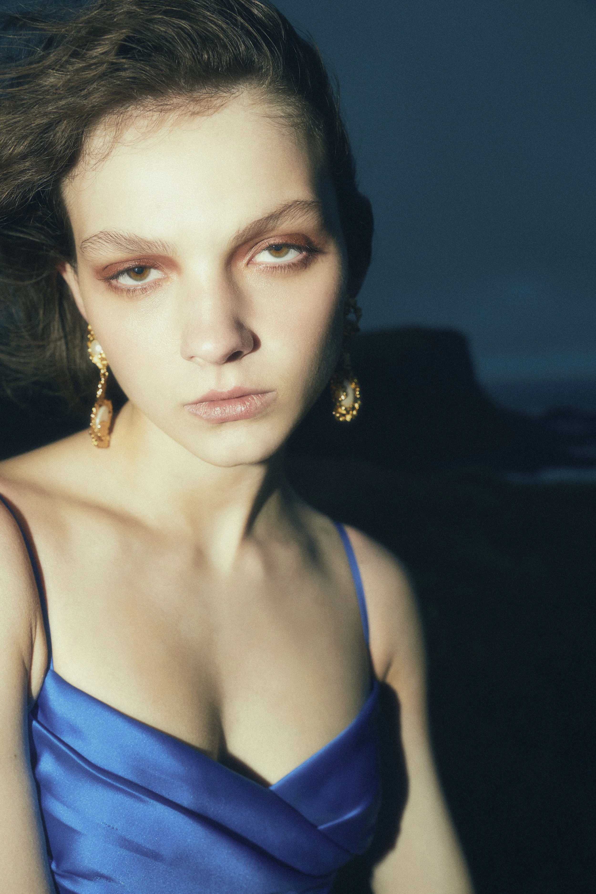 A woman with brown hair and hazel eyes wearing a blue satin dress and gold earrings, staring at the camera with a serious expression, against a dark landscape.
