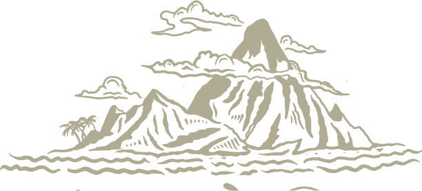 Line drawing of a mountain landscape with clouds, mountains, trees, and water in the foreground.