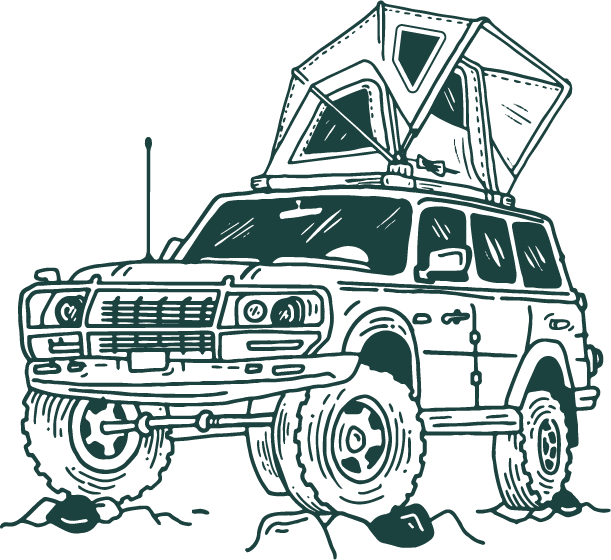 Illustration of a rugged off-road vehicle with a satellite dish mounted on top, set against a black background.