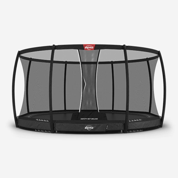 Ein runder Trampolin mit Sicherheitsnetz und einem schwarzen Rand