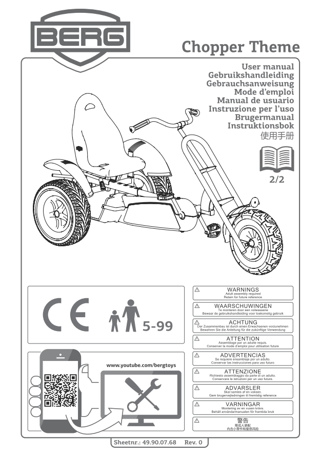 Bedienungsanleitung für ein BERG Chopper Theme Kinderfahrzeug, mit Abbildung eines Dreirads mit Sitz und Lenker, CE-Kennzeichnung, Altersangabe 5-99 Jahre, QR-Code und Verweis auf YouTube-Kanal.