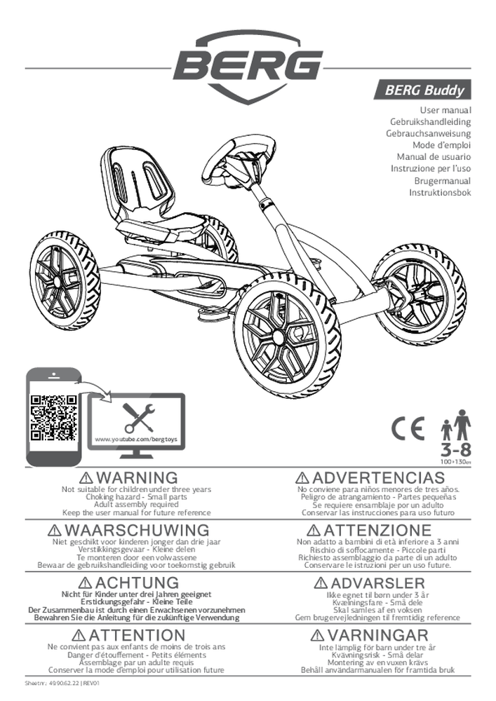 Anleitung und Illustration eines BERG Buddy Kinderfahrzeugs, mit Warnhinweisen in mehreren Sprachen, QR-Code und CE-Kennzeichnung.
