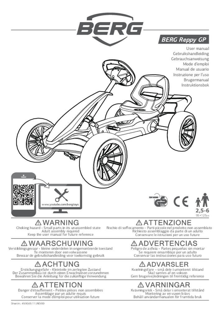 Leitfaden für einen BERG Reppy GP Go-Kart, mit Zusammenfassung in mehreren Sprachen, Warnhinweisen in verschiedenen Sprachen, QR-Code und Logos auf der Titelseite.