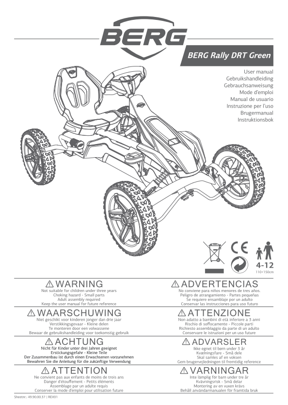 Schwarz-weiß-Illustration eines bergigen All-Terrain-Fahrzeugs (Karts) mit Markenname 'BERG' und Modell 'BERG Rally DRT Green' auf dem Benutzerhandbuch. Das Dokument enthält Sicherheitswarnungen in mehreren Sprachen und Altersangaben.