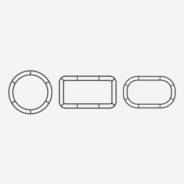 Drei unterschiedliche Pokéball-Designs in einer Reihe, jeweils rund, rechteckig und oval, im minimalistischem Stil.