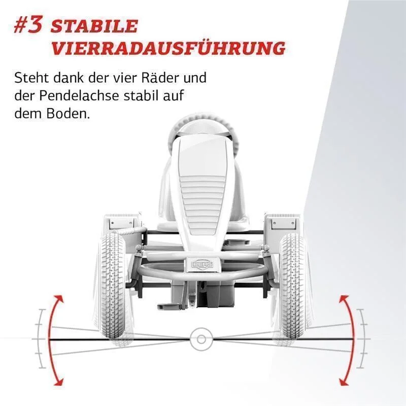 Vorgehensweise zur stabilen Vierradausführung eines Fahrrads mit vier Rädern und einer Pendelachse, erklärt durch ein Diagramm, das die stabil stehende Position zeigt.