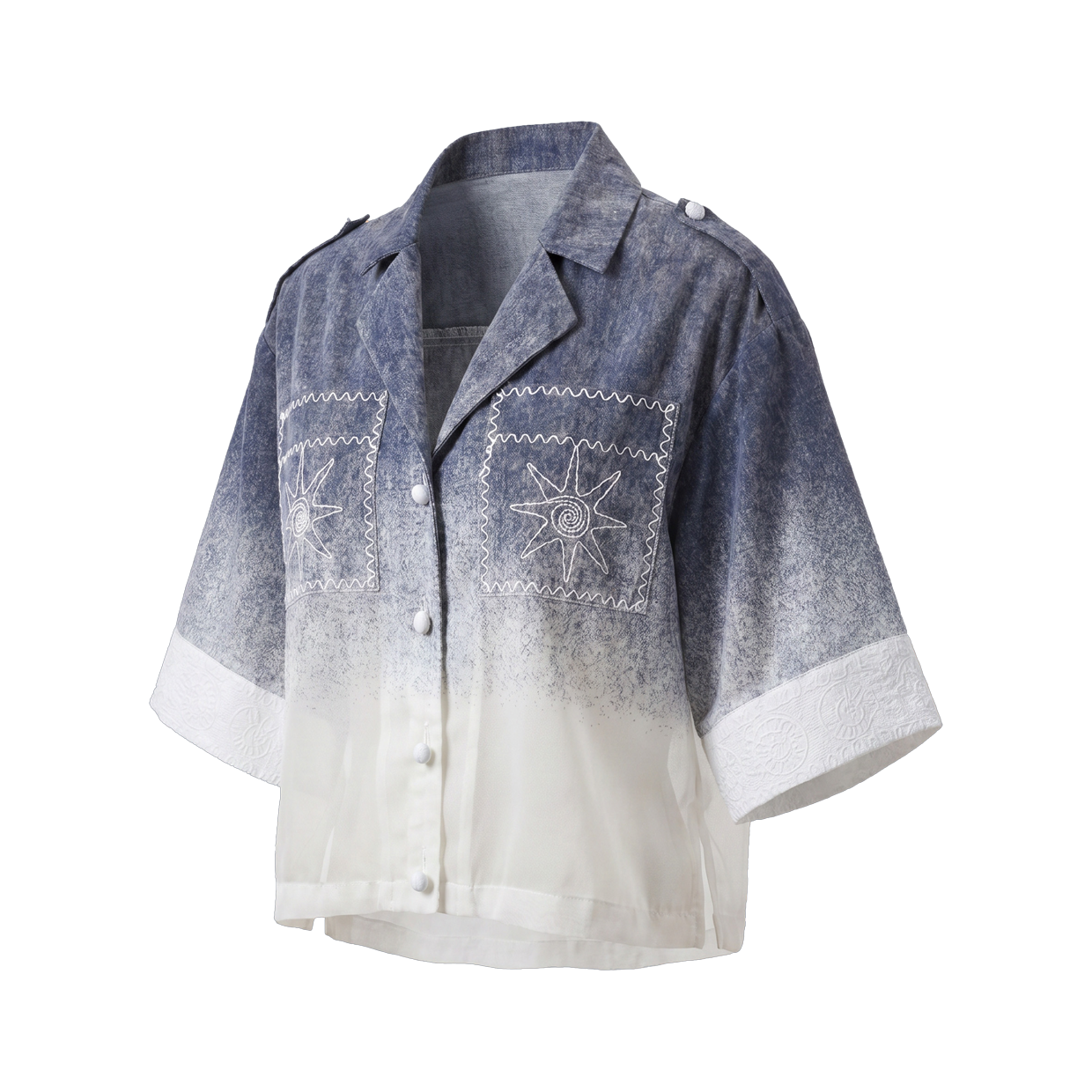A button-up shirt with a gradient design, featuring embroidered starbursts on the chest pockets and embroidered patterns on the sleeves.