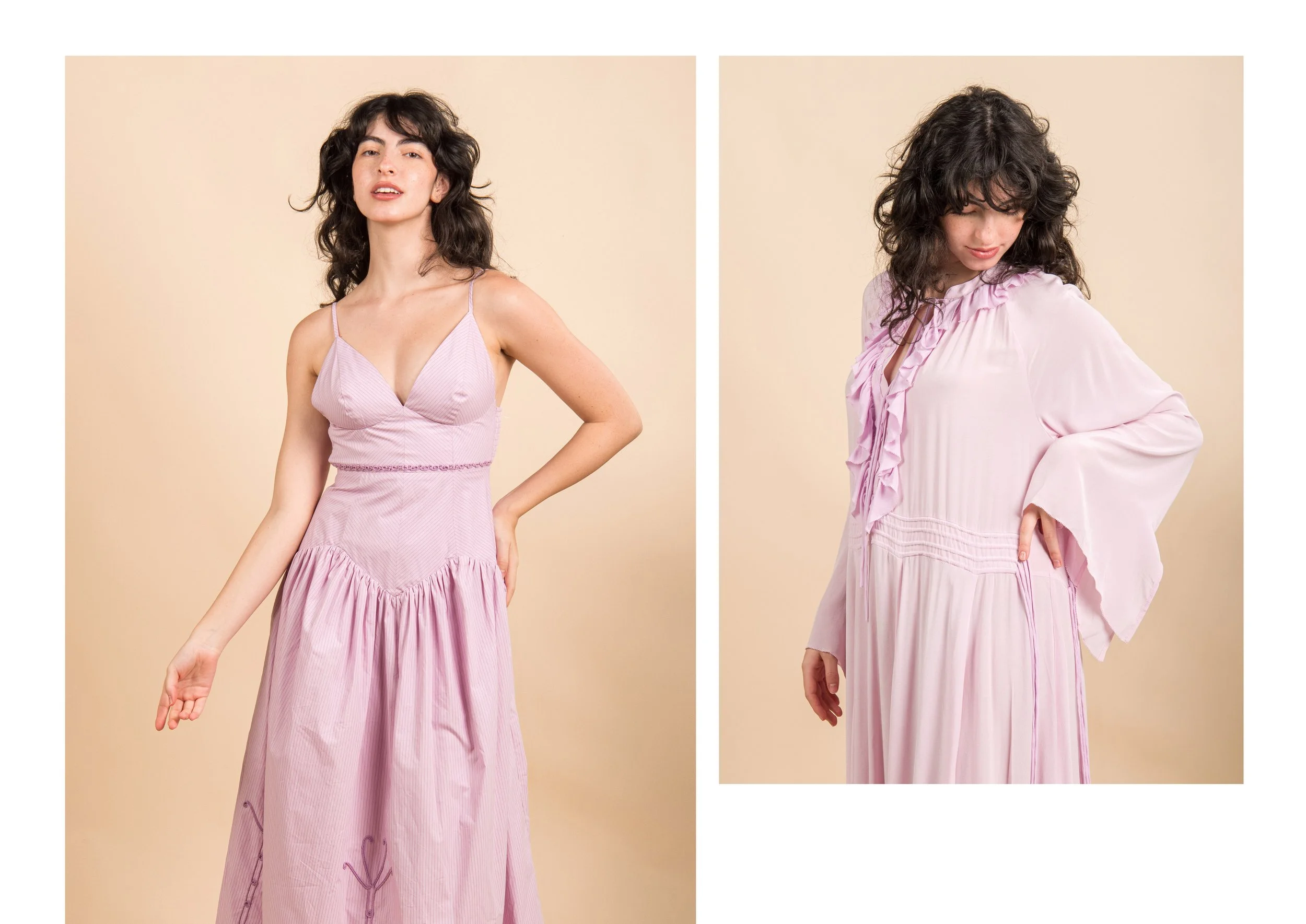 A young woman with dark, curly hair modeling two pink dresses against a beige background. The left dress is a sleeveless, V-neck with thin straps, fitted at the waist with a gathered skirt, and a subtle vertical stripe pattern. The right dress is a l