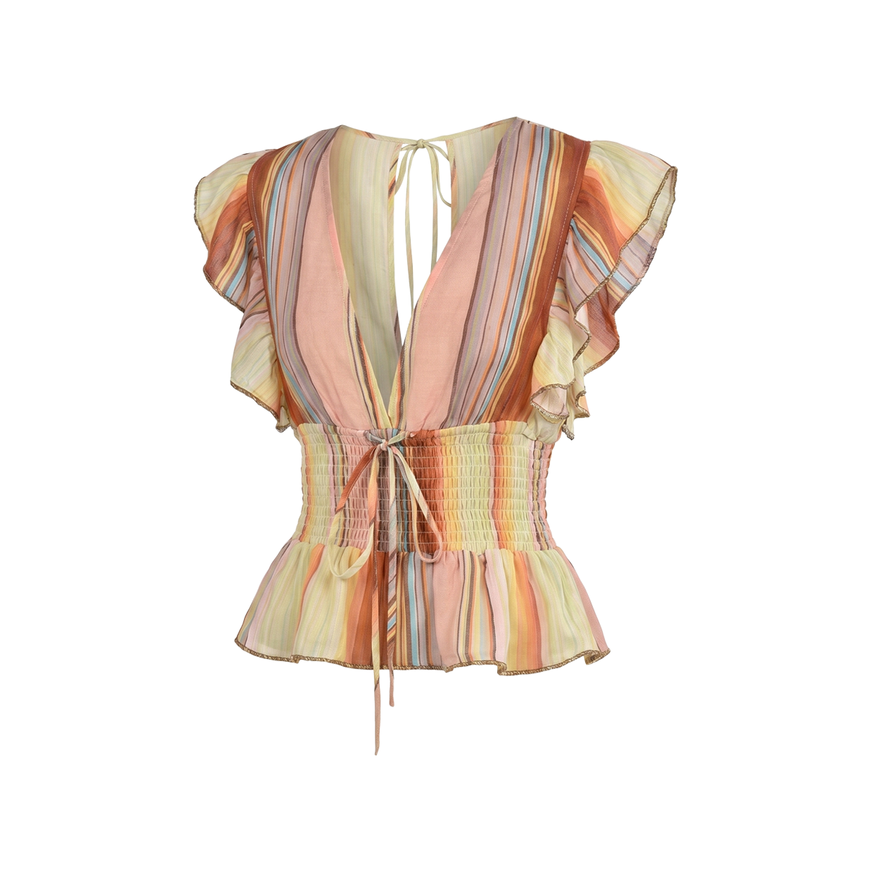 Striped, multicolored, ruffled women's blouse with a tie at the waist.