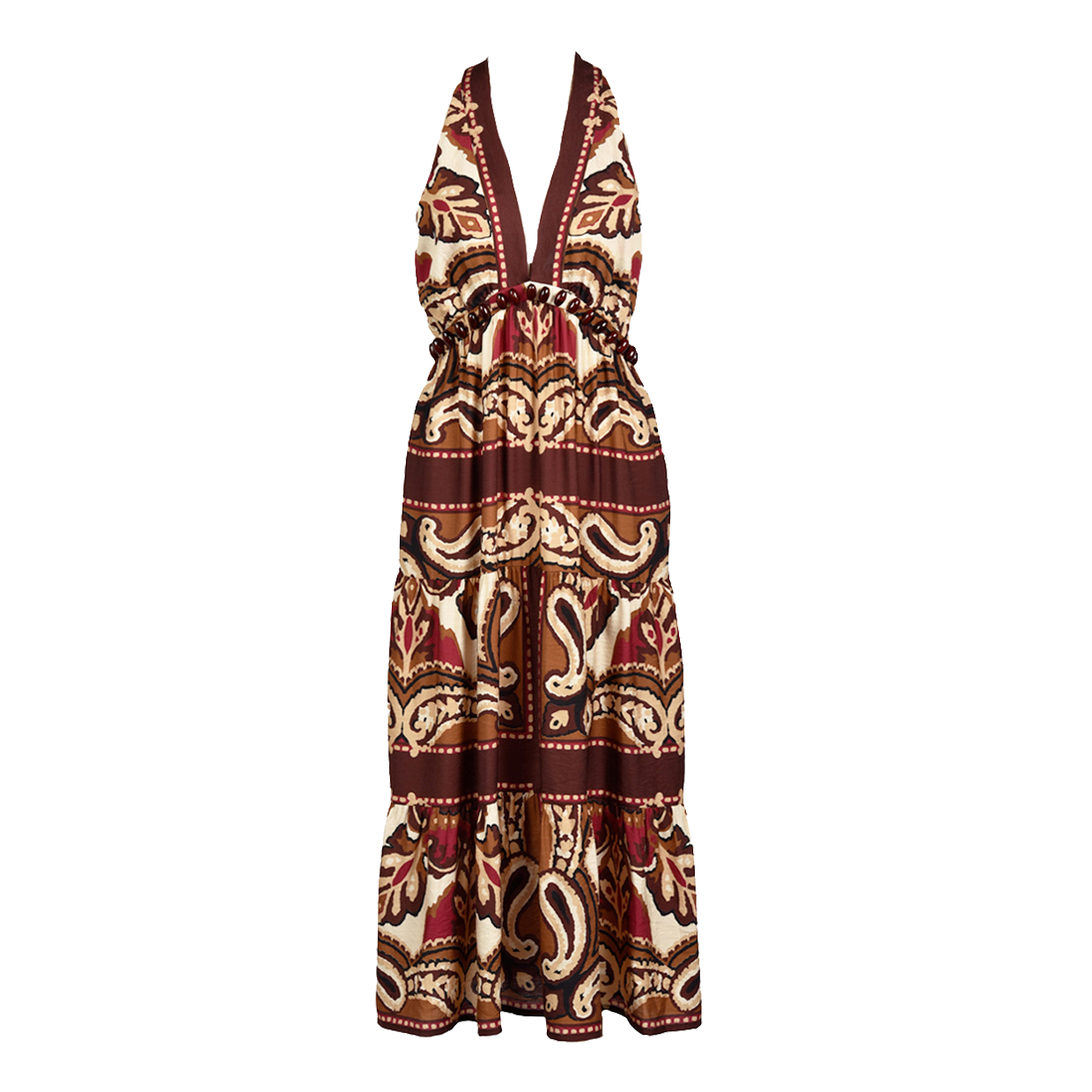 A long, sleeveless maxi dress with a plunging neckline featuring a paisley pattern in shades of brown, beige, and burgundy.