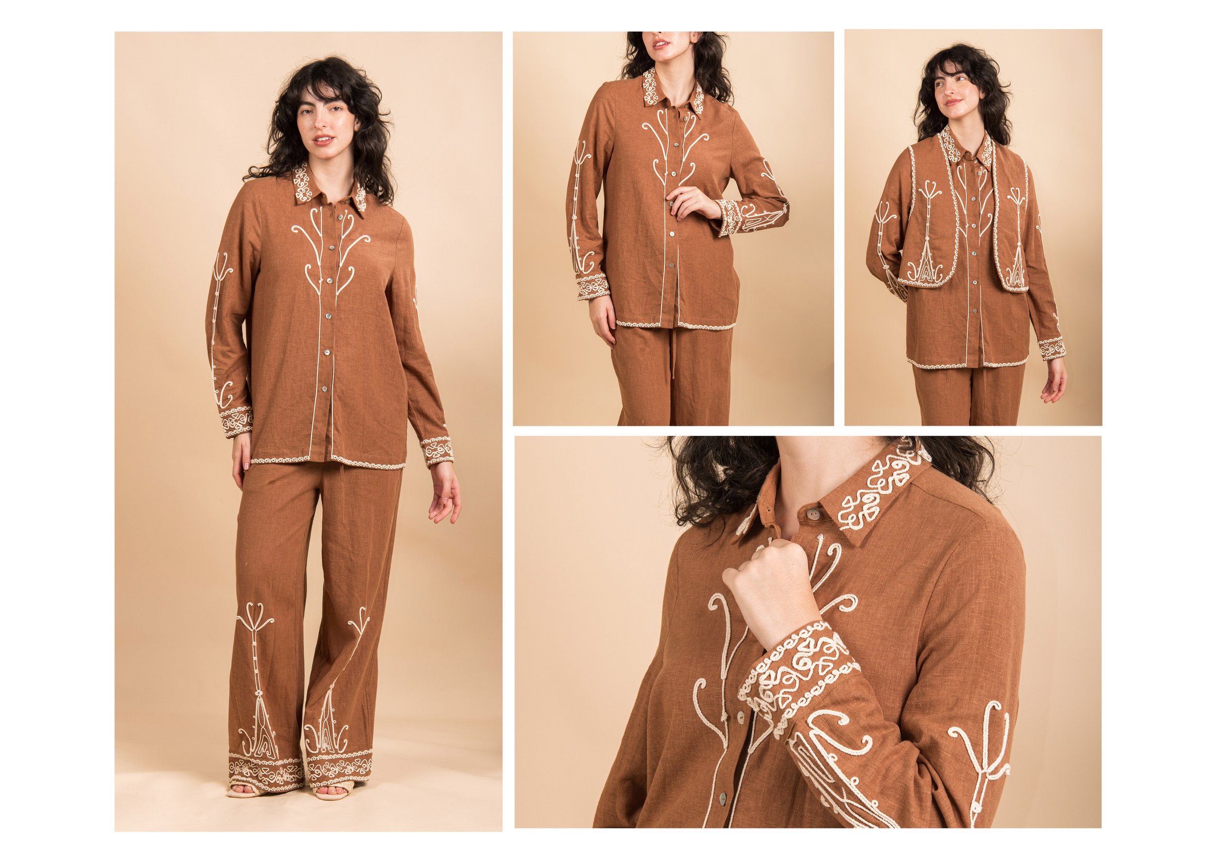 A woman wearing a brown embroidered pantsuit with white decorative stitching on the collar, cuffs, sleeves, and pants, posing against a neutral background. The outfit features intricate white embroidery details.
