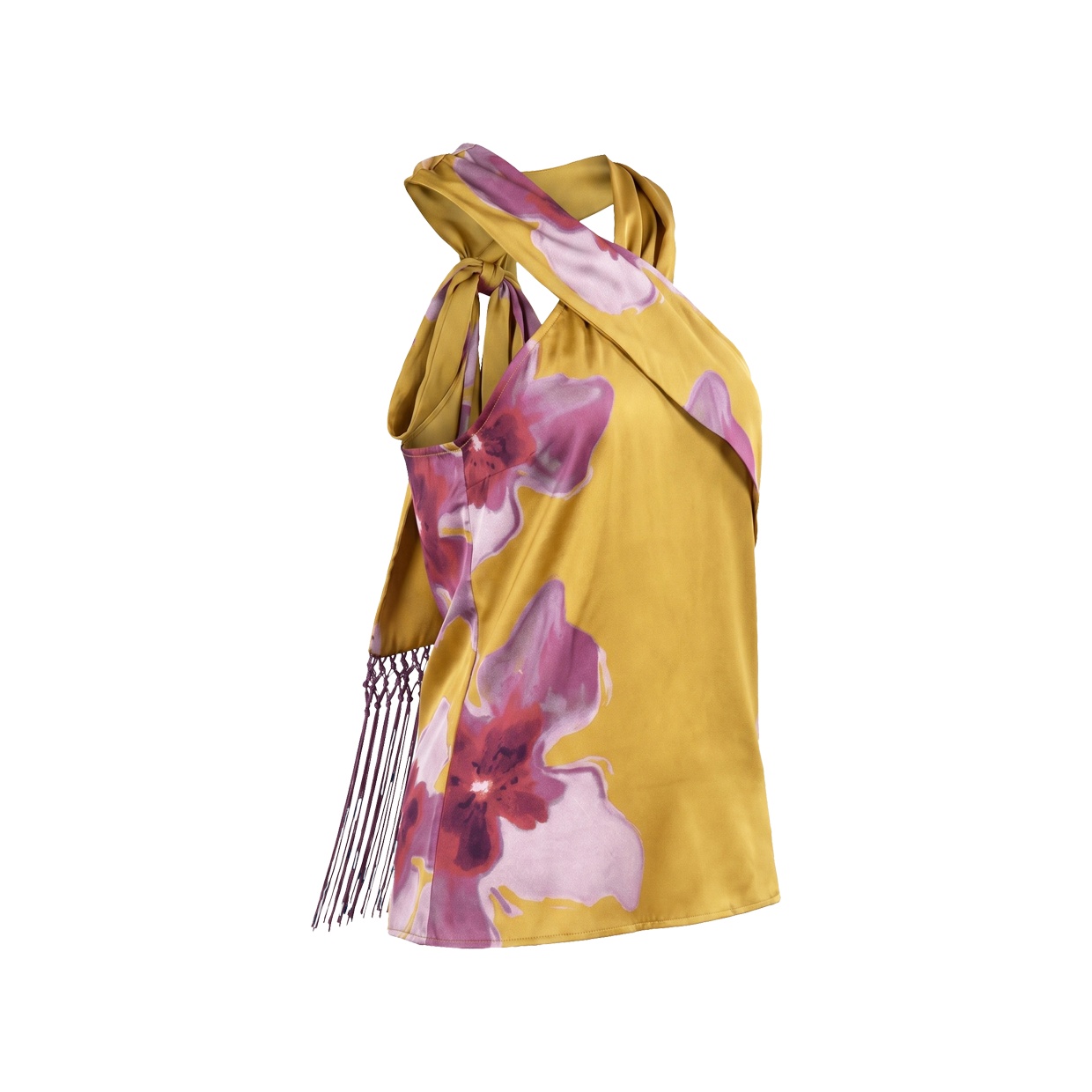 Yellow dress with pink and purple floral pattern and tying shoulder straps.