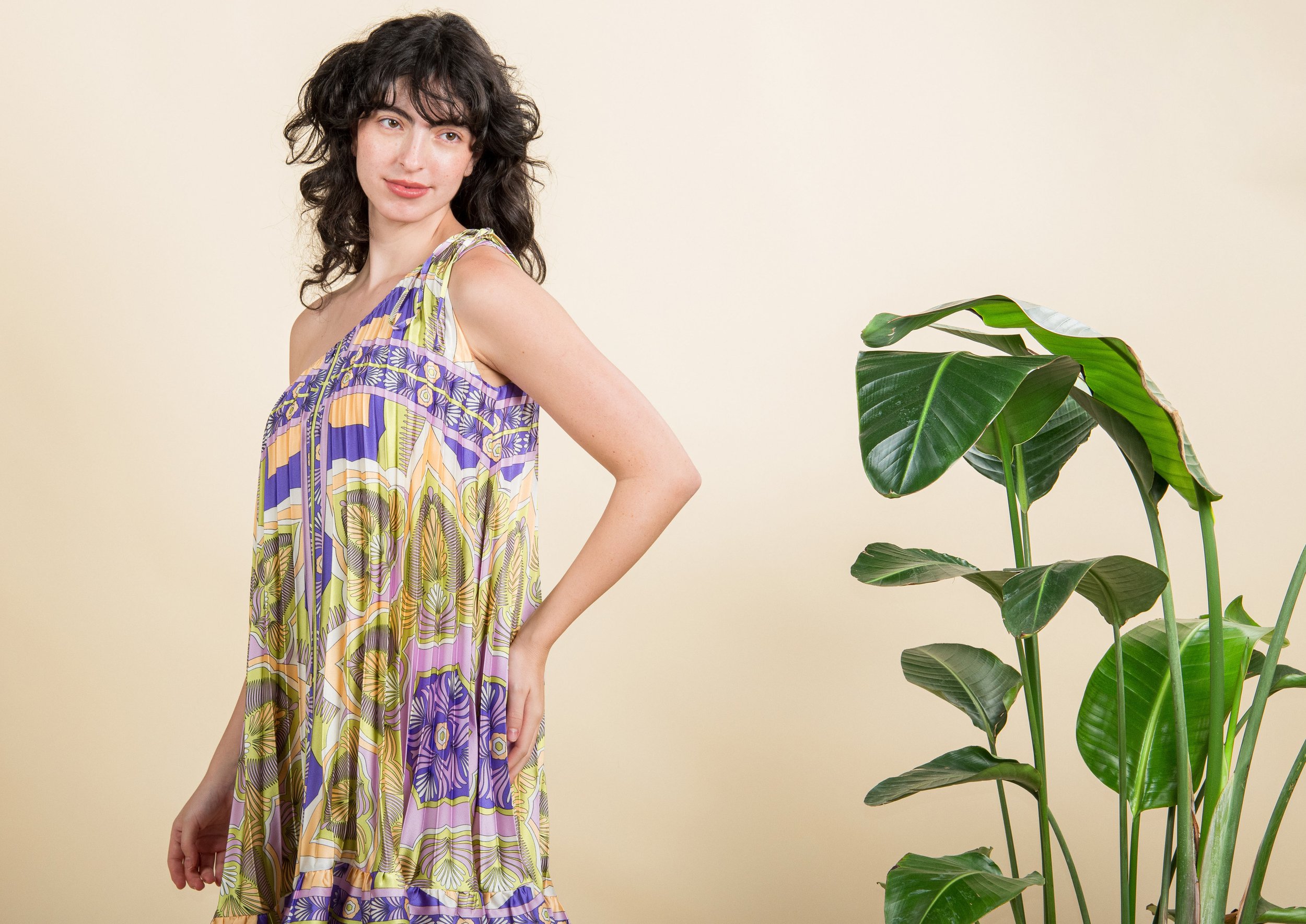 A woman with dark, curly hair wearing a colorful, patterned dress stands next to a large green plant against a beige background.